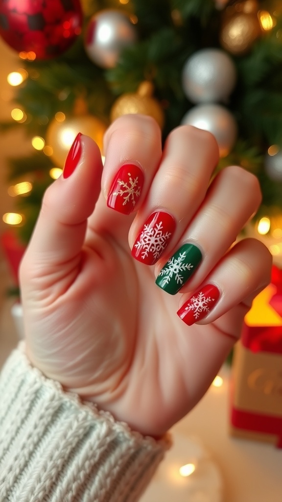 Elegant Christmas nail art in red and green with snowflakes and gold accents.